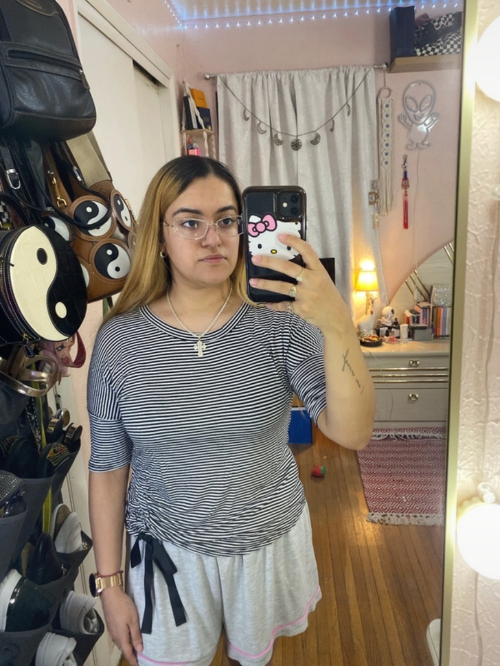 Self Esteem Black & White Striped Short Sleeve Top with Side Tie
